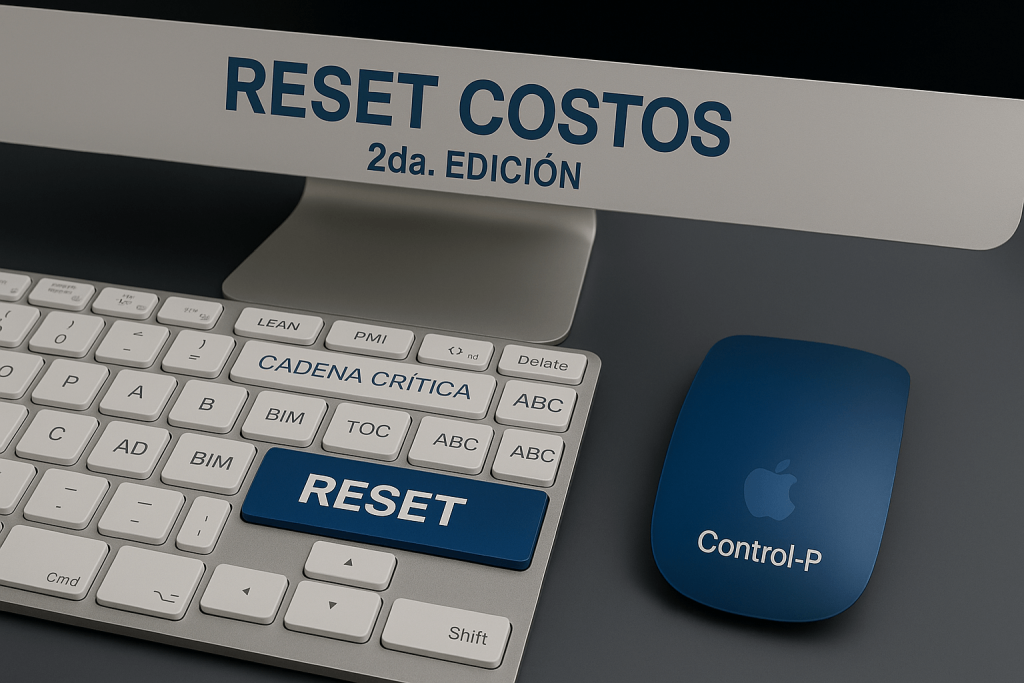 Imagen promocional del curso «Reset Costos» (2.ª edición): teclado con tecla «RESET», mouse azul y placa con el nombre del programa.