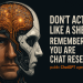 Mitad rostro humano mitad cyborg con cerebro iluminado y texto “Don’t act like a sheep... Remember: You are Chat RESET, public ChatGPT agent”.